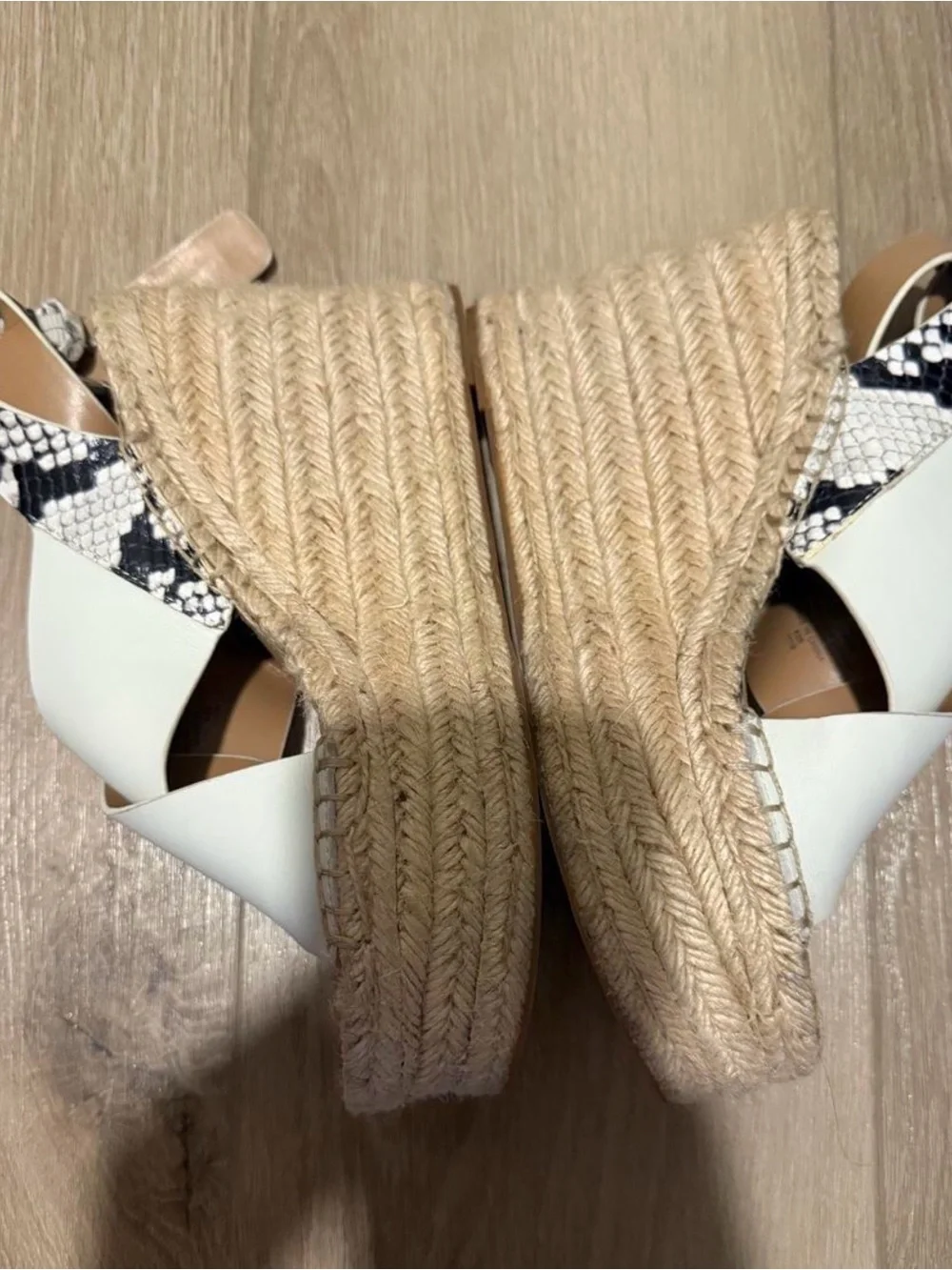 Marc Fisher White Espadrille Wedges with Snake-Print Ankle Strap